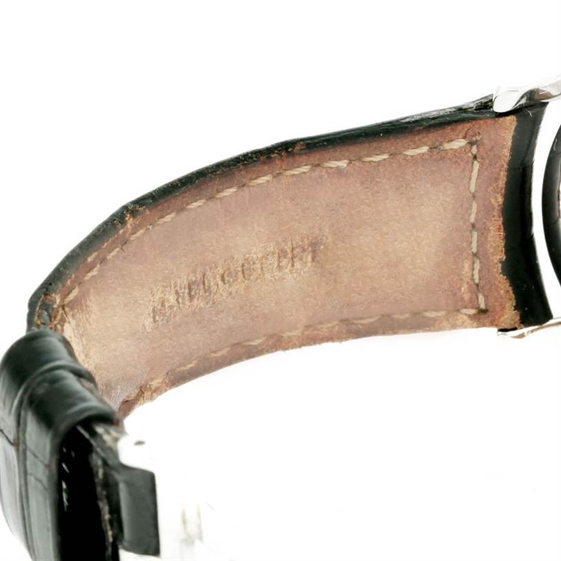 The image shows a close-up of the inner leather strap of a Jaeger-LeCoultre Master watch, revealing stitching details.