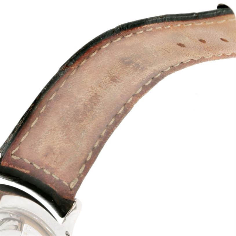 This image shows a close-up of the leather strap and watch case back of the Jaeger LeCoultre Master 140.8.93.S Men's Stainless Steel Silver Dial 140.8.93.S Men's Stainless Steel Silver Dial model.