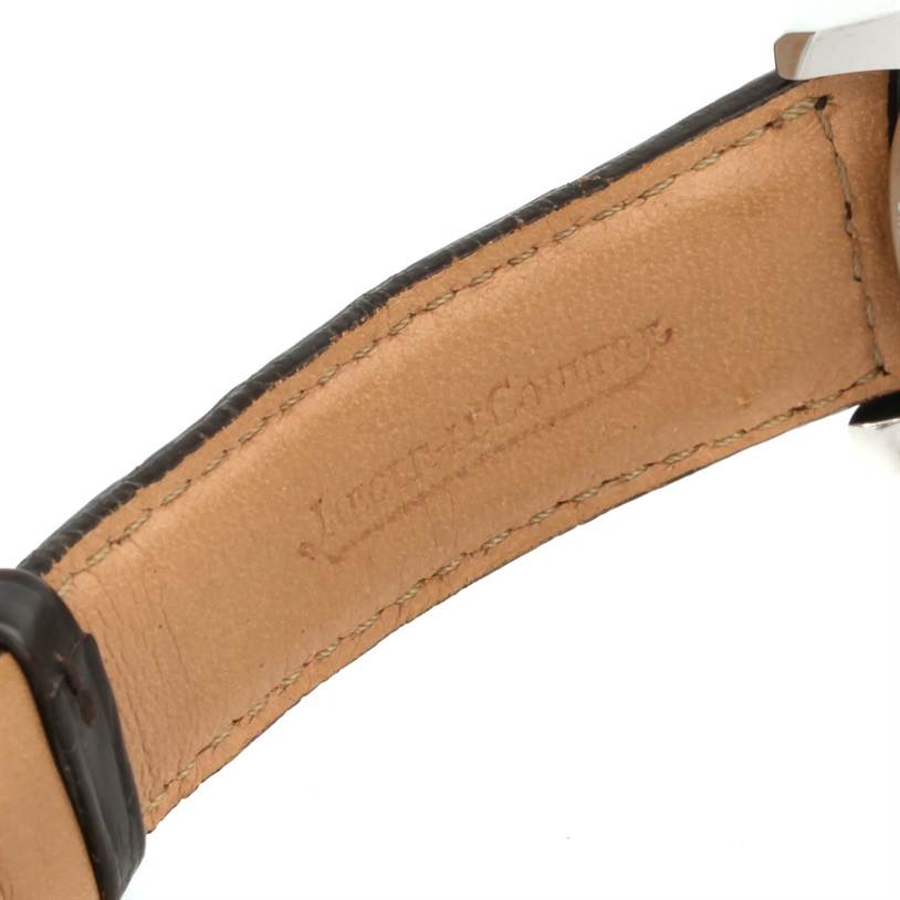 This image shows the leather strap and part of the case back of the Jaeger-LeCoultre Master watch.