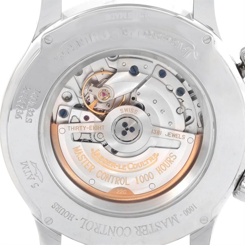 The image shows the back view of the Jaeger-LeCoultre Master model, highlighting its intricate movement and rotor.