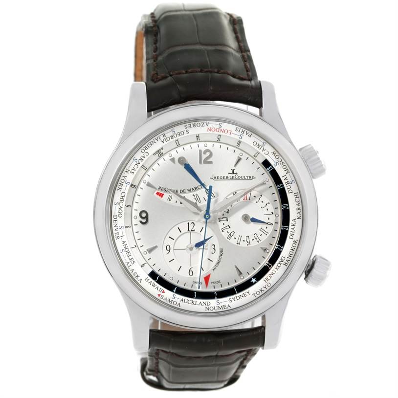 The Jaeger LeCoultre Master Q1528420 Men's Stainless Steel Silver Dial Q1528420 Men's Stainless Steel Silver Dial model watch is shown from a front angle, displaying its dial, hands, subdials, and leather strap.