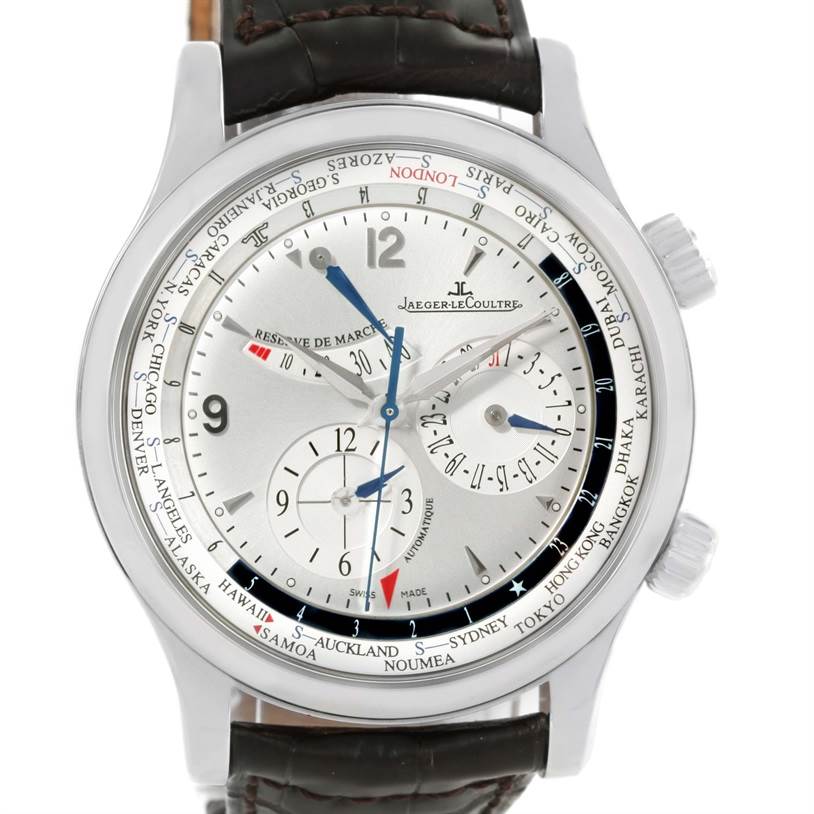 This Jaeger-LeCoultre Master model watch is shown from the front, displaying the dial, hands, markers, subdials, and part of the leather strap.
