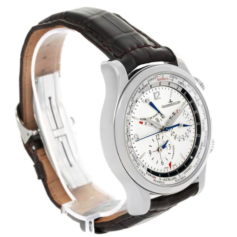 The Jaeger-LeCoultre Master watch is shown at a slight angle, highlighting its face, bezel, and alligator leather strap.