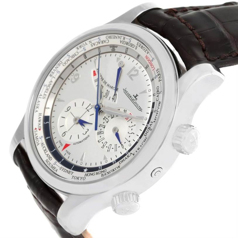 This image shows a Jaeger-LeCoultre Master watch from a 45-degree angle, highlighting the face, crown, and leather strap.