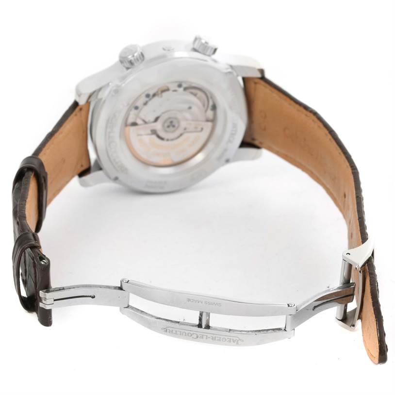 The image shows the back view of the Jaeger LeCoultre Master Q1528420 Men's Stainless Steel Silver Dial Q1528420 Men's Stainless Steel Silver Dial watch, highlighting the open caseback and leather strap with clasp.