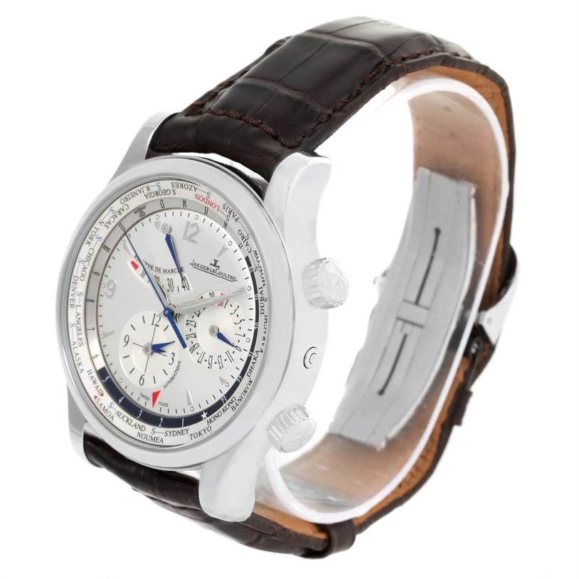 The image shows a Jaeger LeCoultre Master Q1528420 Men's Stainless Steel Silver Dial Q1528420 Men's Stainless Steel Silver Dial model watch at a side angle, highlighting its dial, case, crown, and leather strap.