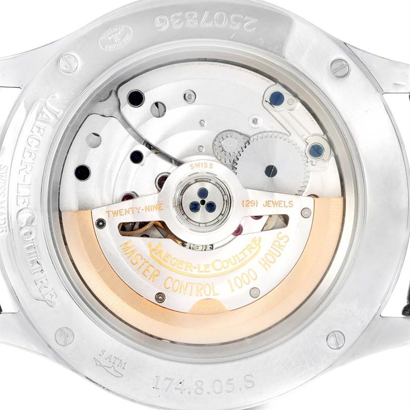 The image shows the back of the Jaeger-LeCoultre Master model watch, highlighting the internal mechanism and inscriptions.