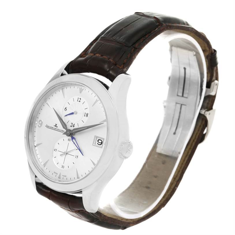 The Jaeger-LeCoultre Master model watch is shown at a slight angle, highlighting the face, crown, and leather strap.