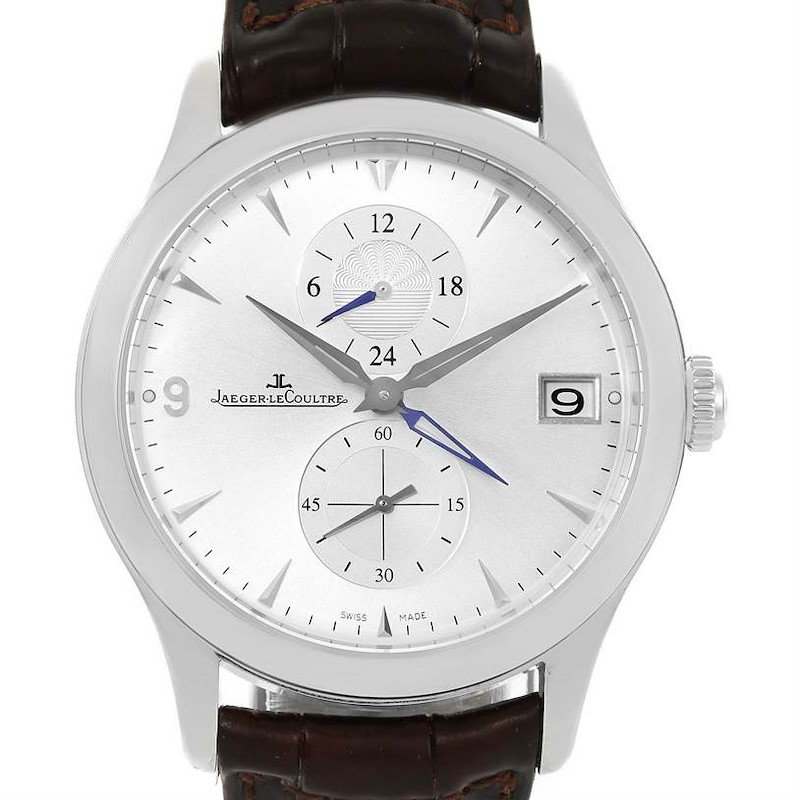 The Jaeger LeCoultre Master model watch is shown from a front angle, displaying the dial, subdials, date window, and crown.