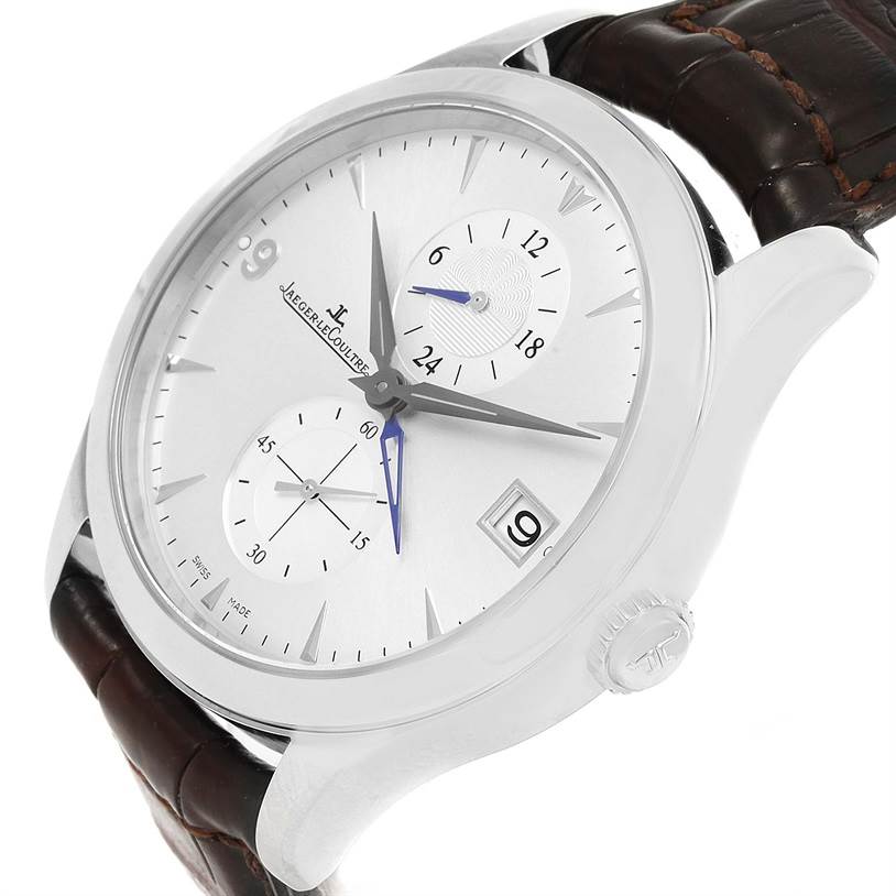 The image shows a Jaeger-LeCoultre Master watch at an angle highlighting its dial, subdials, date window, and leather strap.