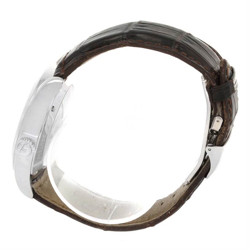 The image shows a side view of a Jaeger-LeCoultre Master model watch, highlighting its case, crown, and leather strap.