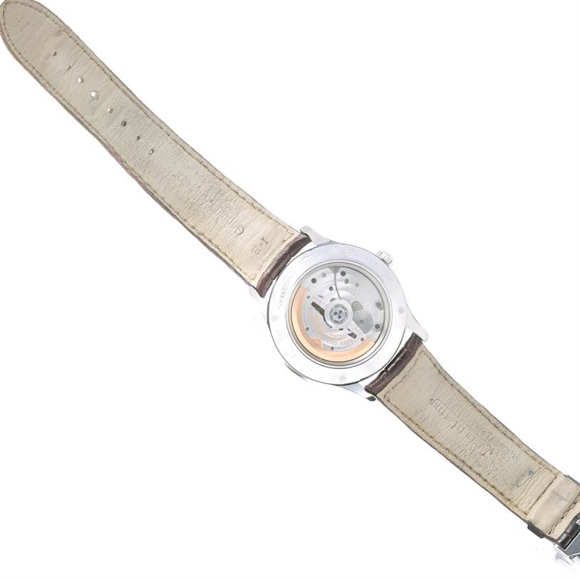 The image shows the backside of a Jaeger-LeCoultre Master model watch, highlighting its movement and transparent case back.