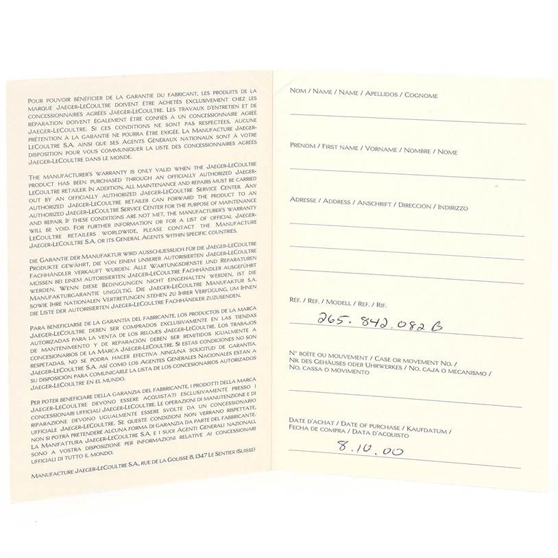 Shown is the warranty card for a Jaeger LeCoultre Reverso 265.8.08 Women's Stainless Steel Silver Dial 265.8.08 Women's Stainless Steel Silver Dial model watch, including fields for personal and purchase information.