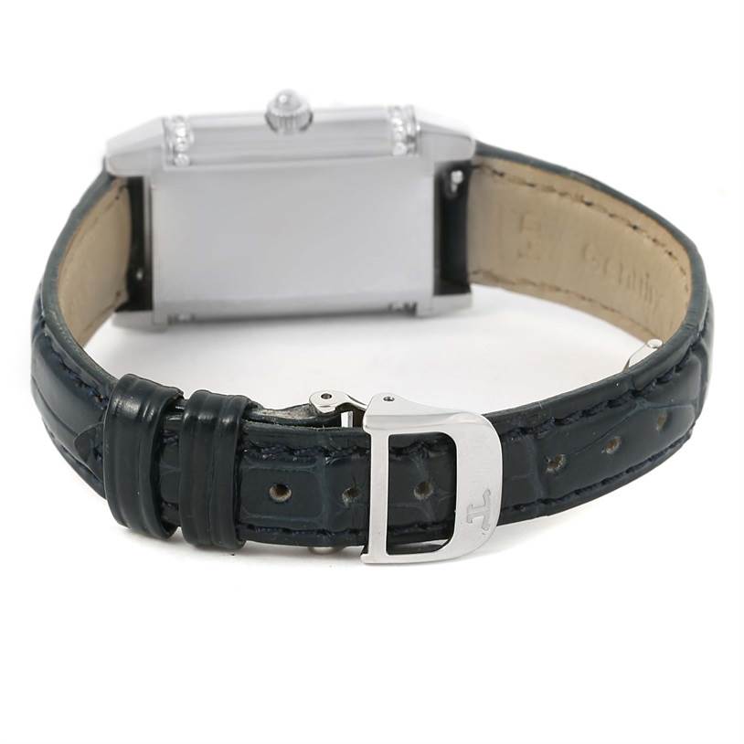 The image shows the back view of a Jaeger LeCoultre Reverso 265.8.08 Women's Stainless Steel Silver Dial 265.8.08 Women's Stainless Steel Silver Dial watch with its leather strap and clasp visible.