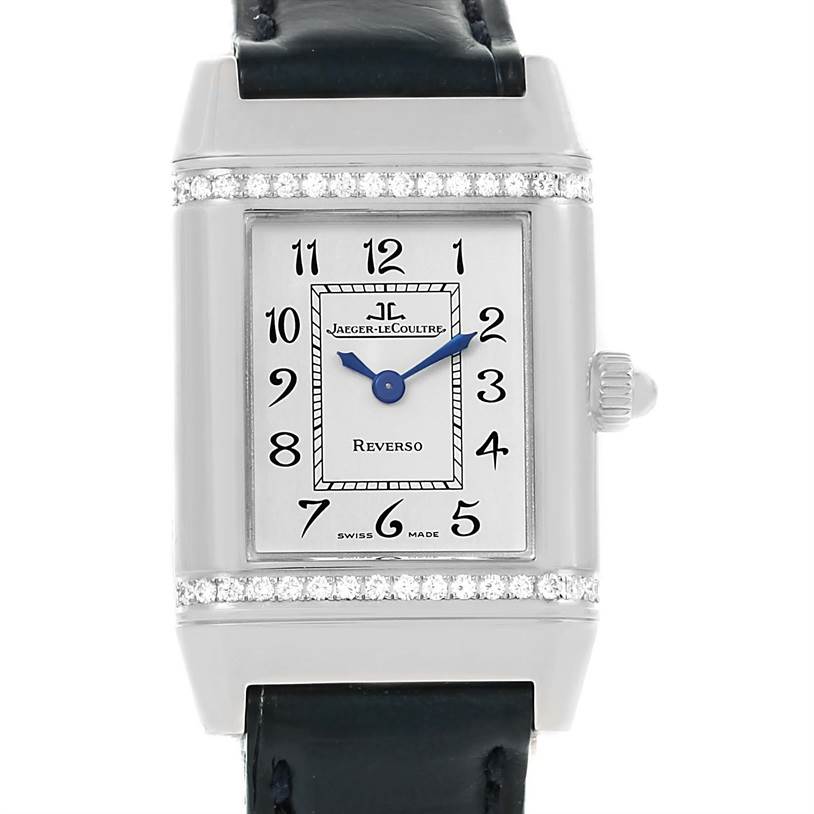 This image shows the front view of a Jaeger LeCoultre Reverso 265.8.08 Women's Stainless Steel Silver Dial 265.8.08 Women's Stainless Steel Silver Dial watch, displaying the face, dial, crown, and part of the strap.