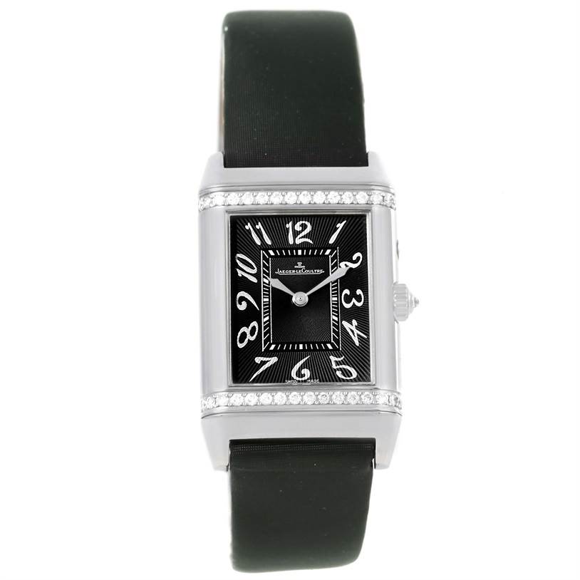 This image shows a front view of the Jaeger LeCoultre Reverso 278.2.54 Women's White Gold Silver Dial 278.2.54 Women's White Gold Silver Dial watch, showcasing its rectangular dial and black strap.