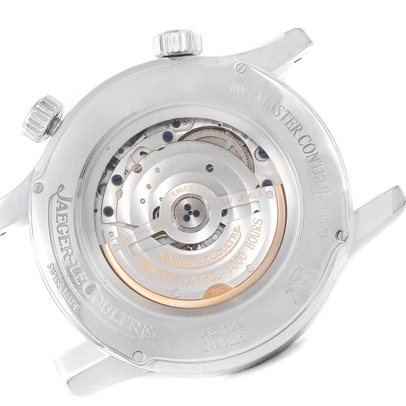 This image shows the back view of the Jaeger-LeCoultre Master model, highlighting its intricate movement.