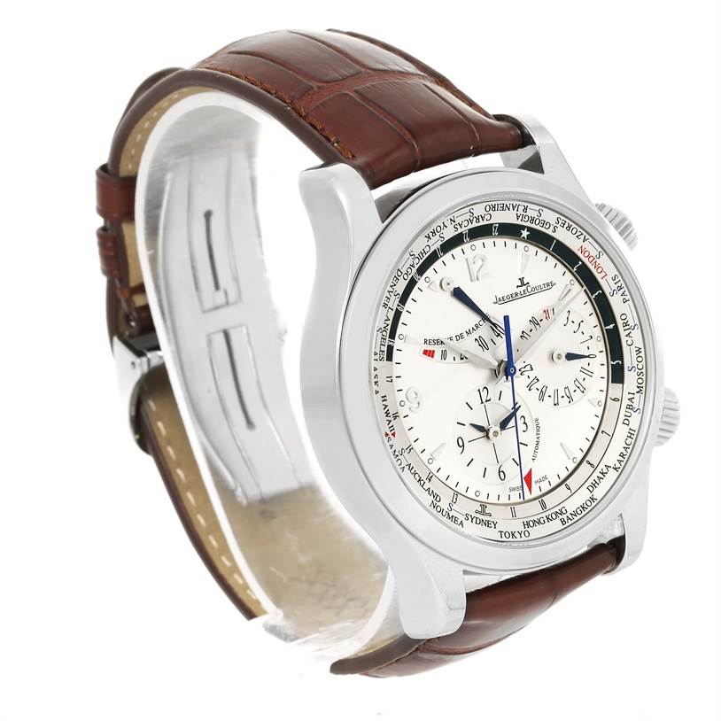 The Jaeger-LeCoultre Master watch is shown at a front-side angle, displaying its face, brown leather strap, and side crown.