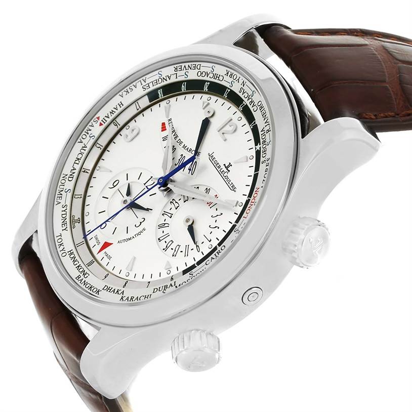 The image shows a Jaeger LeCoultre Master Q1528420 Men's Stainless Steel Silver Dial Q1528420 Men's Stainless Steel Silver Dial model watch at an angle highlighting the face, crown, and brown leather strap.