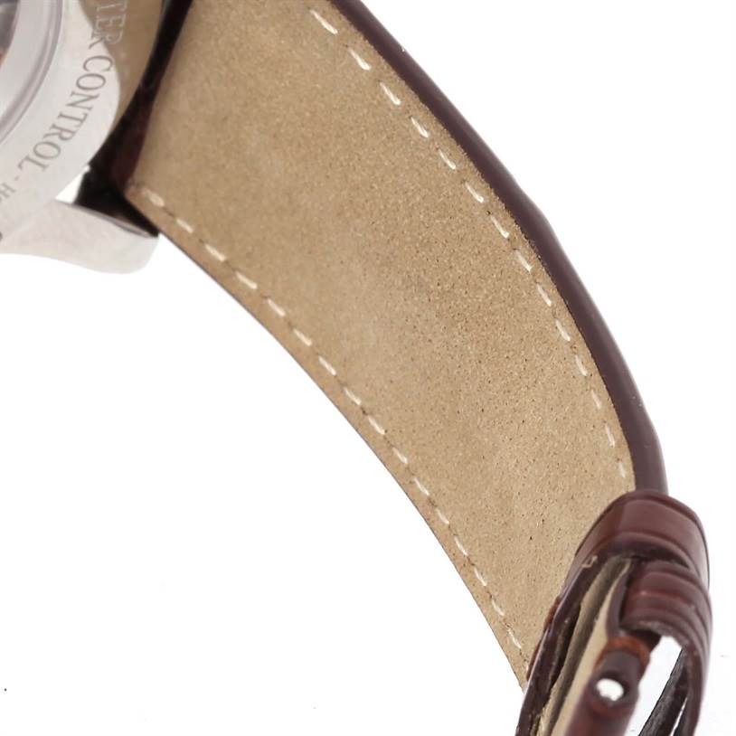 The image shows the underside of the leather strap and part of the case back of the Jaeger LeCoultre Master Q1528420 Men's Stainless Steel Silver Dial Q1528420 Men's Stainless Steel Silver Dial model watch.