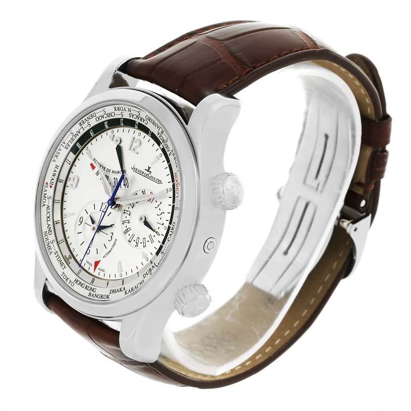 The image shows a Jaeger LeCoultre Master Q1528420 Men's Stainless Steel Silver Dial Q1528420 Men's Stainless Steel Silver Dial watch at an angled side view, highlighting its leather strap, dial, and crown.