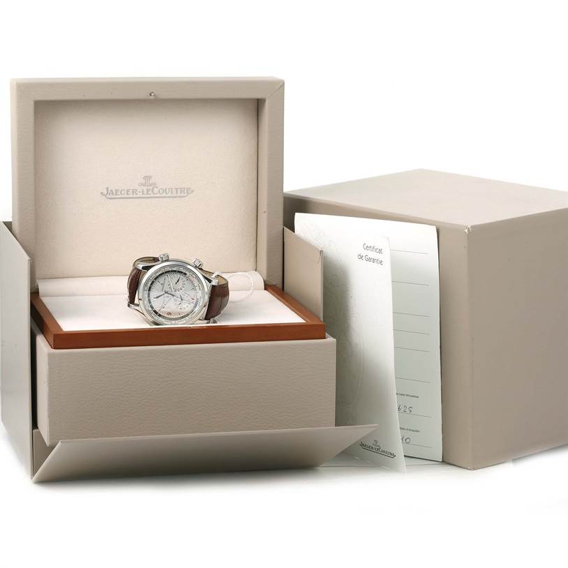 The Jaeger-LeCoultre Master model watch is displayed in a box, shown at a slight angle with its warranty card visible.