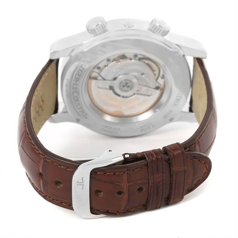 The image shows the back view of the Jaeger-LeCoultre Master model watch, highlighting its automatic movement and leather strap.