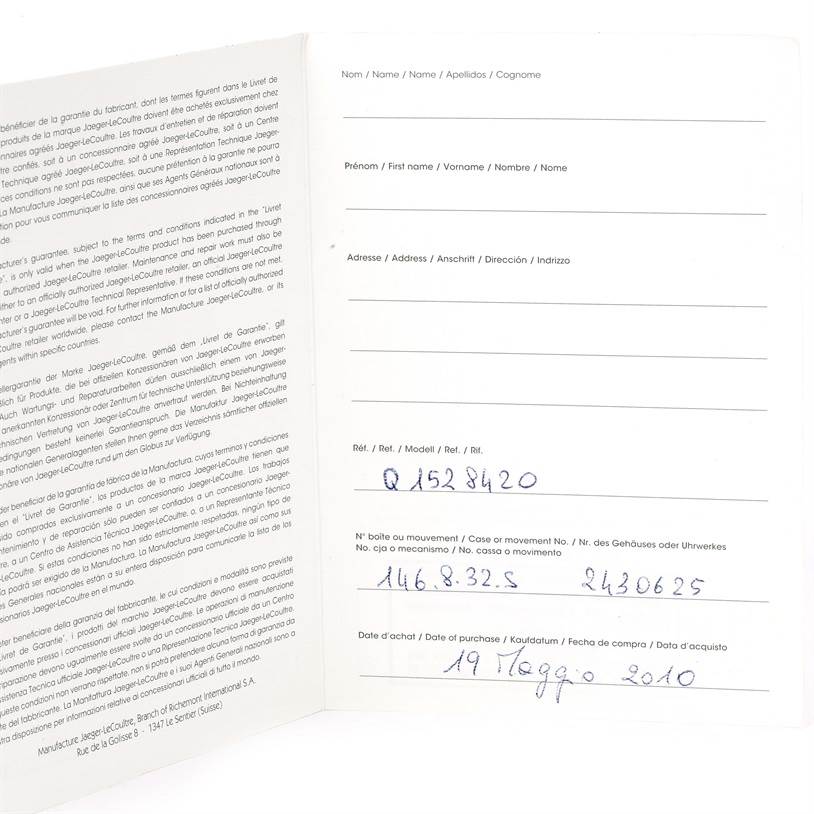 The image shows the warranty booklet for the Jaeger-LeCoultre Master model, displaying text and handwritten details.