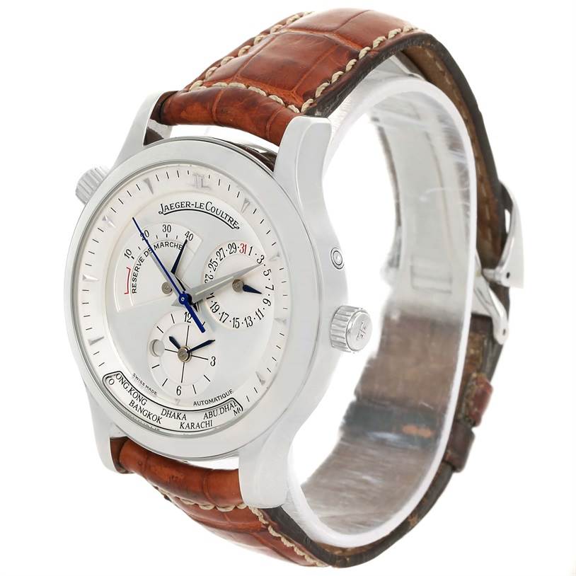 The Jaeger LeCoultre Master 142.8.92 Men
s Stainless Steel Silver Dial 142.8.92 Men
s Stainless Steel Silver Dial model watch is shown at a three-quarter angle, highlighting its dial, crown, and brown leather strap.