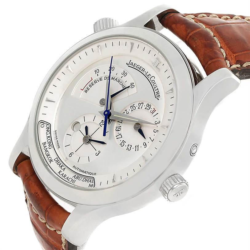 The image shows a close-up, angled view of a Jaeger-LeCoultre Master model watch displaying its face, dials, and brown leather strap.