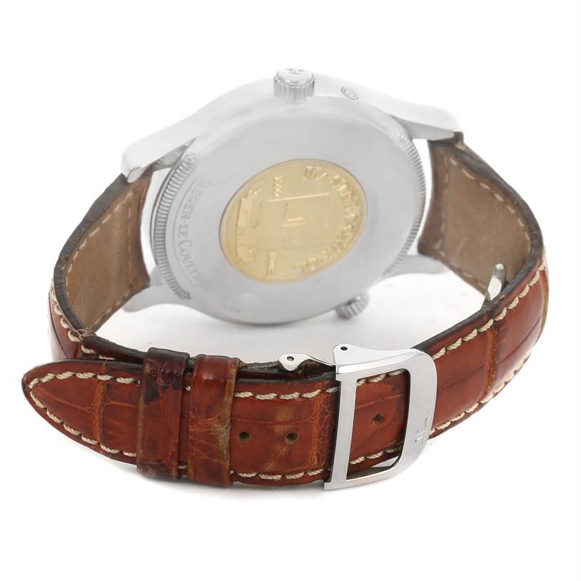 The image shows the back case and leather strap of a Jaeger LeCoultre Master 142.8.92 Men
s Stainless Steel Silver Dial 142.8.92 Men
s Stainless Steel Silver Dial model watch, highlighting the strap buckle and case back.