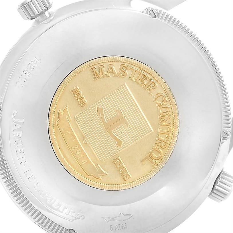 The image shows the back case of the Jaeger LeCoultre Master 142.8.92 Men
s Stainless Steel Silver Dial 142.8.92 Men
s Stainless Steel Silver Dial model watch, highlighting its engraved details and seals.