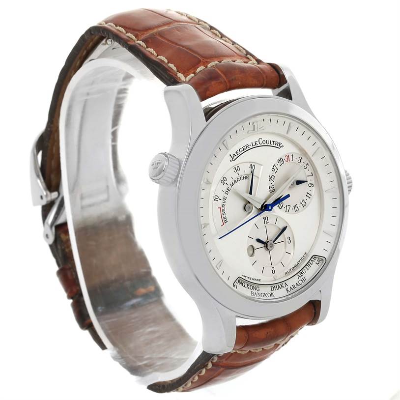 The image shows a Jaeger-LeCoultre Master model watch at an angle displaying the dial, crown, case, and leather strap.