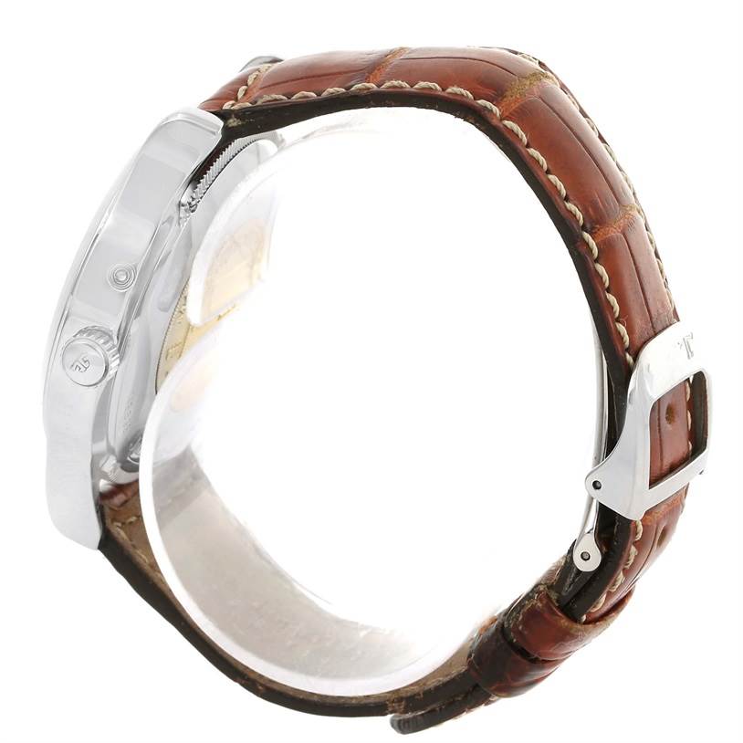 The image shows the side view of a Jaeger-LeCoultre Master model watch, highlighting its case, crown, and brown leather strap with a buckle.