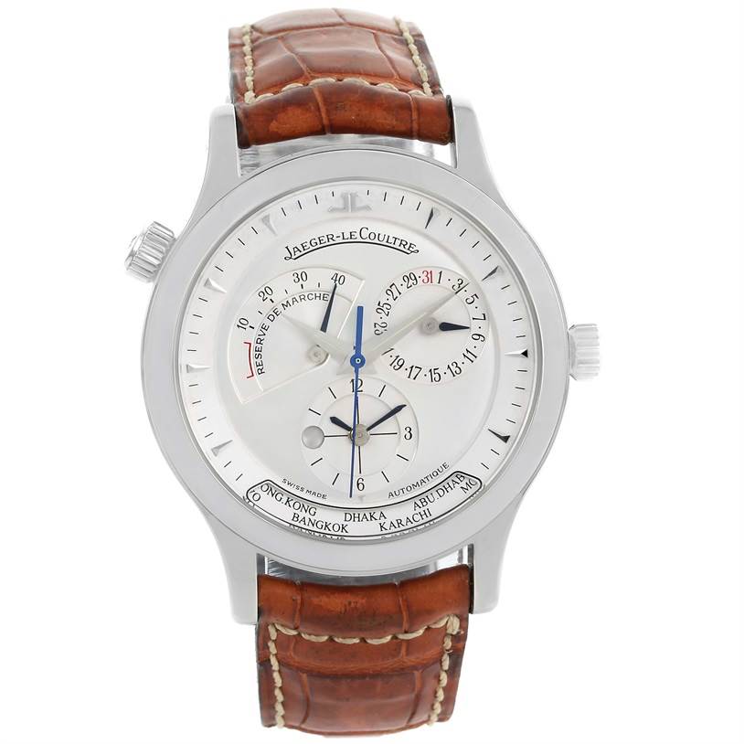 This is a front-facing view of the Jaeger-LeCoultre Master model watch, showcasing its dial, hands, subdials, and brown leather strap.