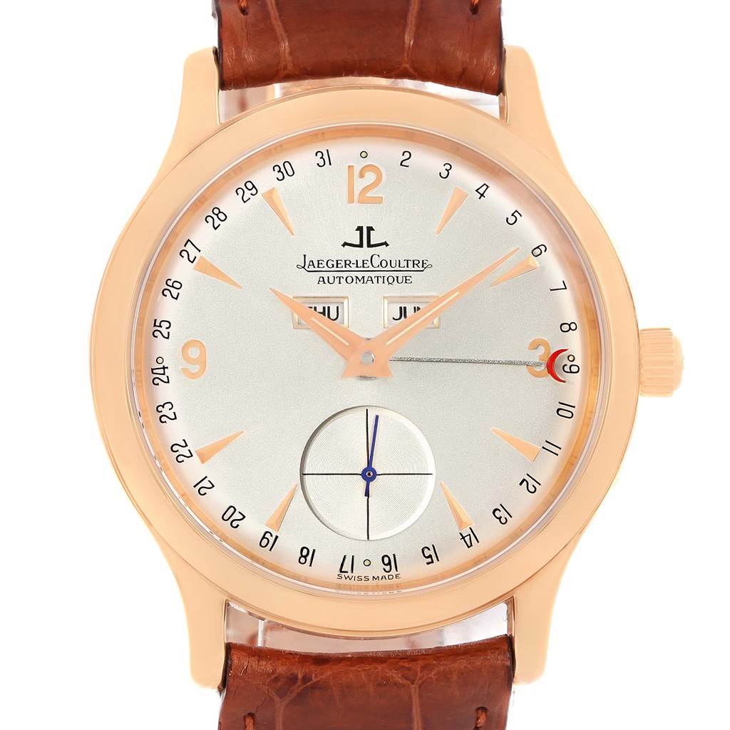 This is a front view of the Jaeger LeCoultre Master 140.2.87 Men's Rose Gold Silver Dial 140.2.87 Men's Rose Gold Silver Dial model watch, showcasing the dial, hands, markers, and part of the leather strap.