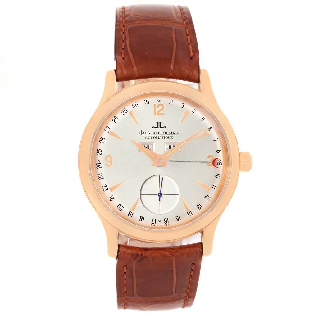 The image shows a Jaeger LeCoultre Master 140.2.87 Men's Rose Gold Silver Dial 140.2.87 Men's Rose Gold Silver Dial model watch front view, highlighting its dial, hands, and brown leather strap.