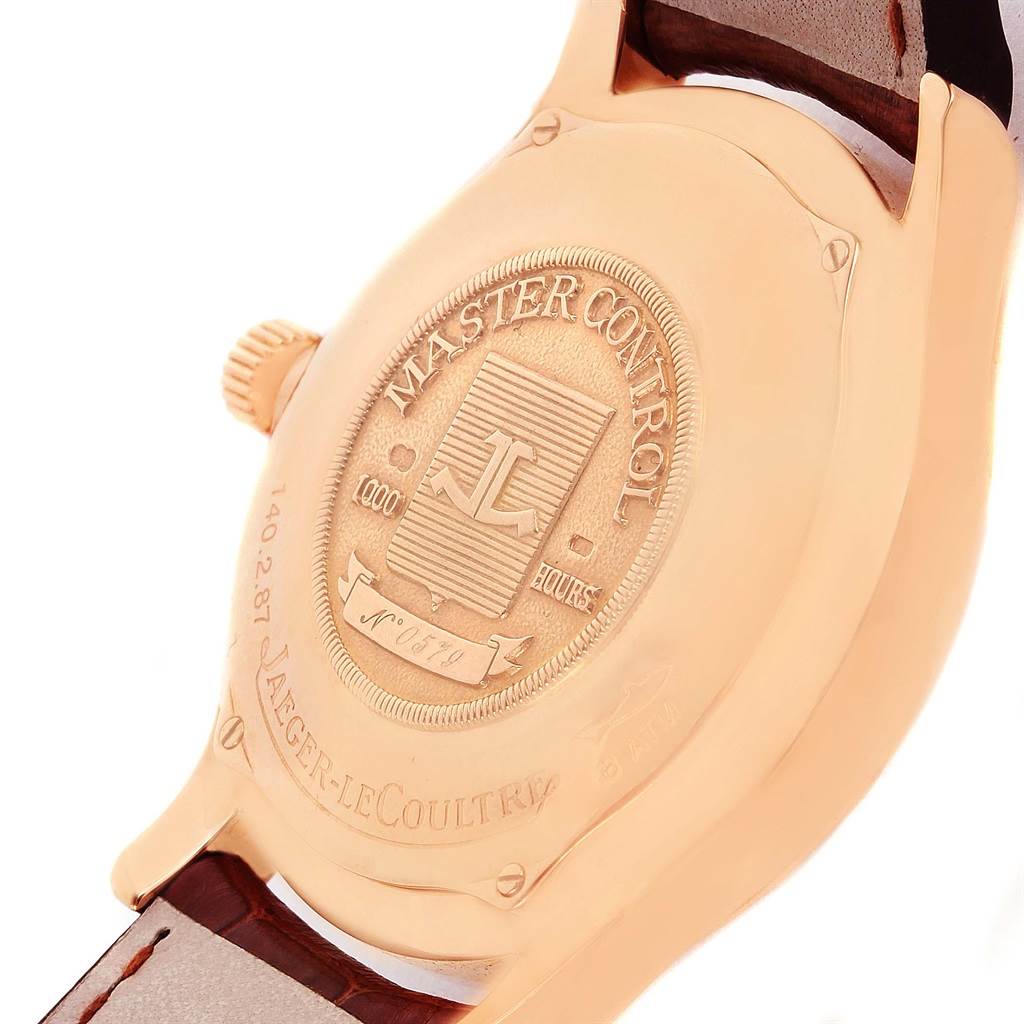 The image shows the back case and part of the strap of a Jaeger-LeCoultre Master Control watch.