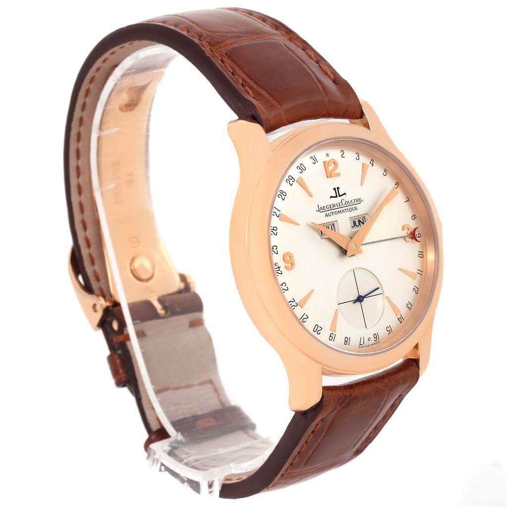 The image shows a Jaeger LeCoultre Master 140.2.87 Men's Rose Gold Silver Dial 140.2.87 Men's Rose Gold Silver Dial watch at a slight side angle, highlighting the face, strap, and clasp.