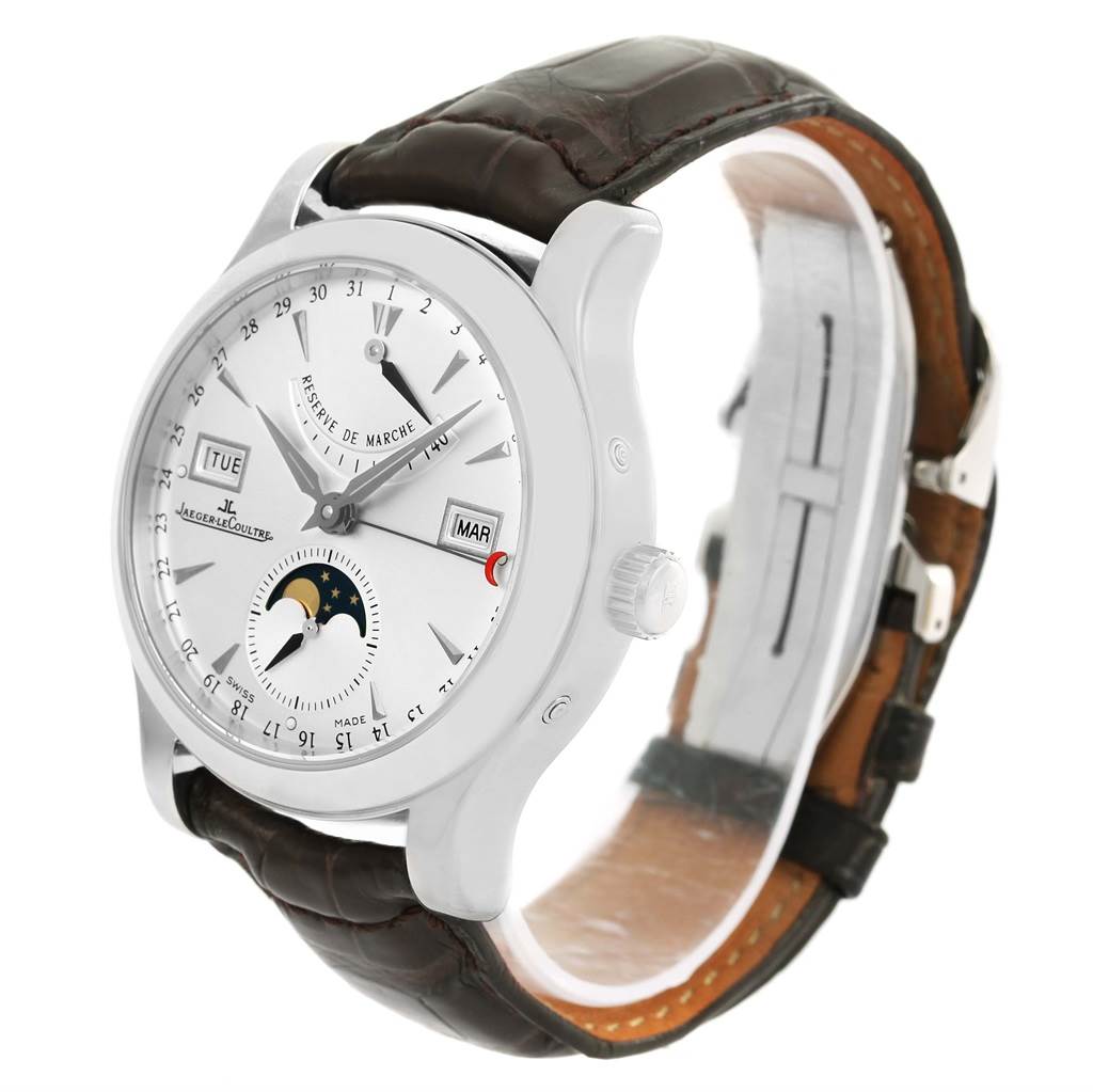 The image shows a Jaeger LeCoultre Master 147.8.41.S Men's Stainless Steel Silver Dial 147.8.41.S Men's Stainless Steel Silver Dial model watch at a tilted angle, displaying the dial, crown, strap, and various subdials clearly.