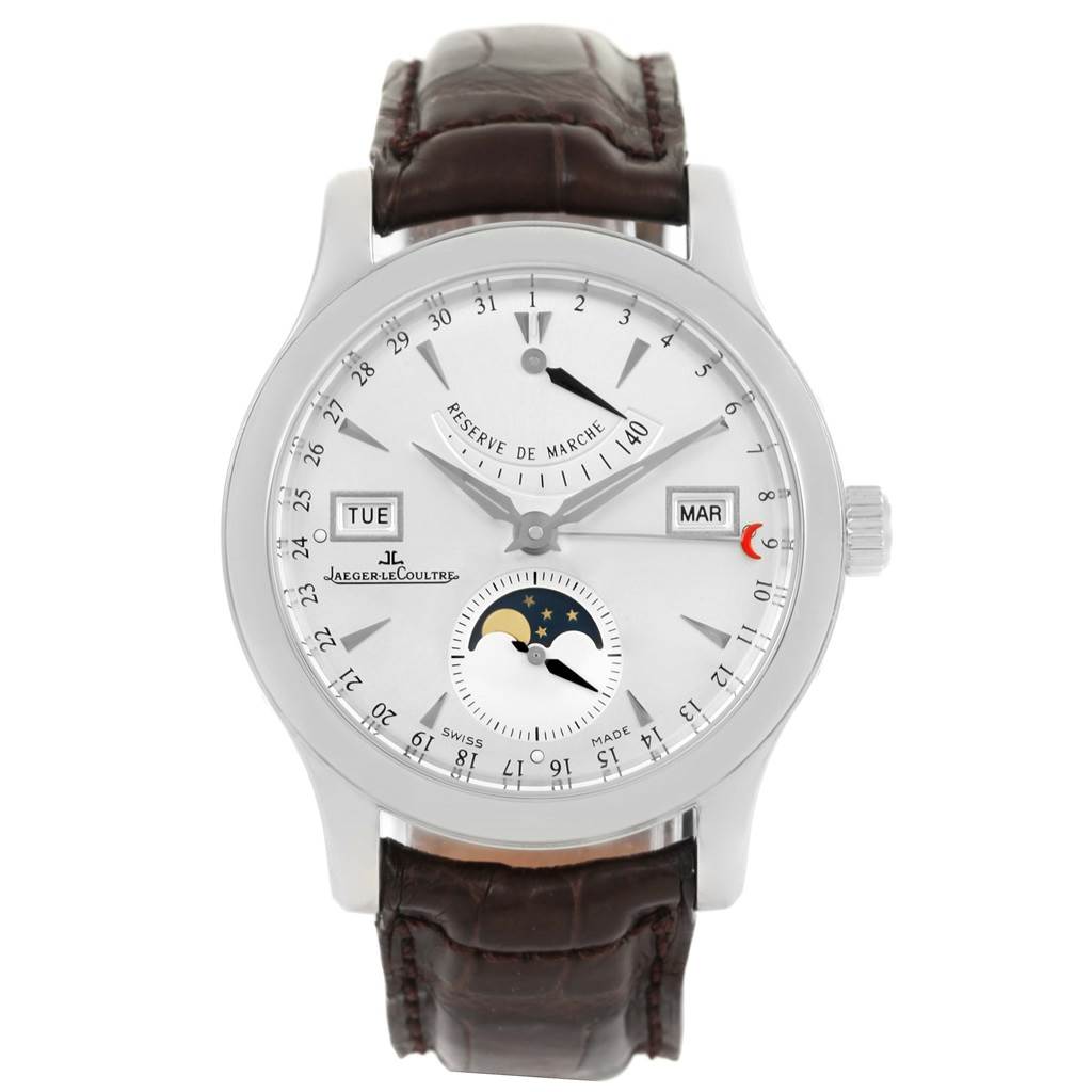 The Jaeger LeCoultre Master 147.8.41.S Men's Stainless Steel Silver Dial 147.8.41.S Men's Stainless Steel Silver Dial model watch is shown from the front, displaying time, date, day, month, moon phases, and power reserve.