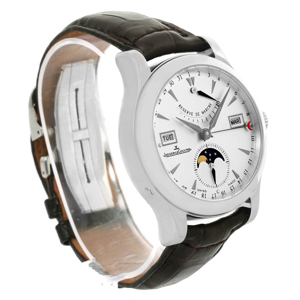 This image shows a Jaeger LeCoultre Master 147.8.41.S Men's Stainless Steel Silver Dial 147.8.41.S Men's Stainless Steel Silver Dial model watch from a front angle, highlighting its face, bezel, and leather strap.