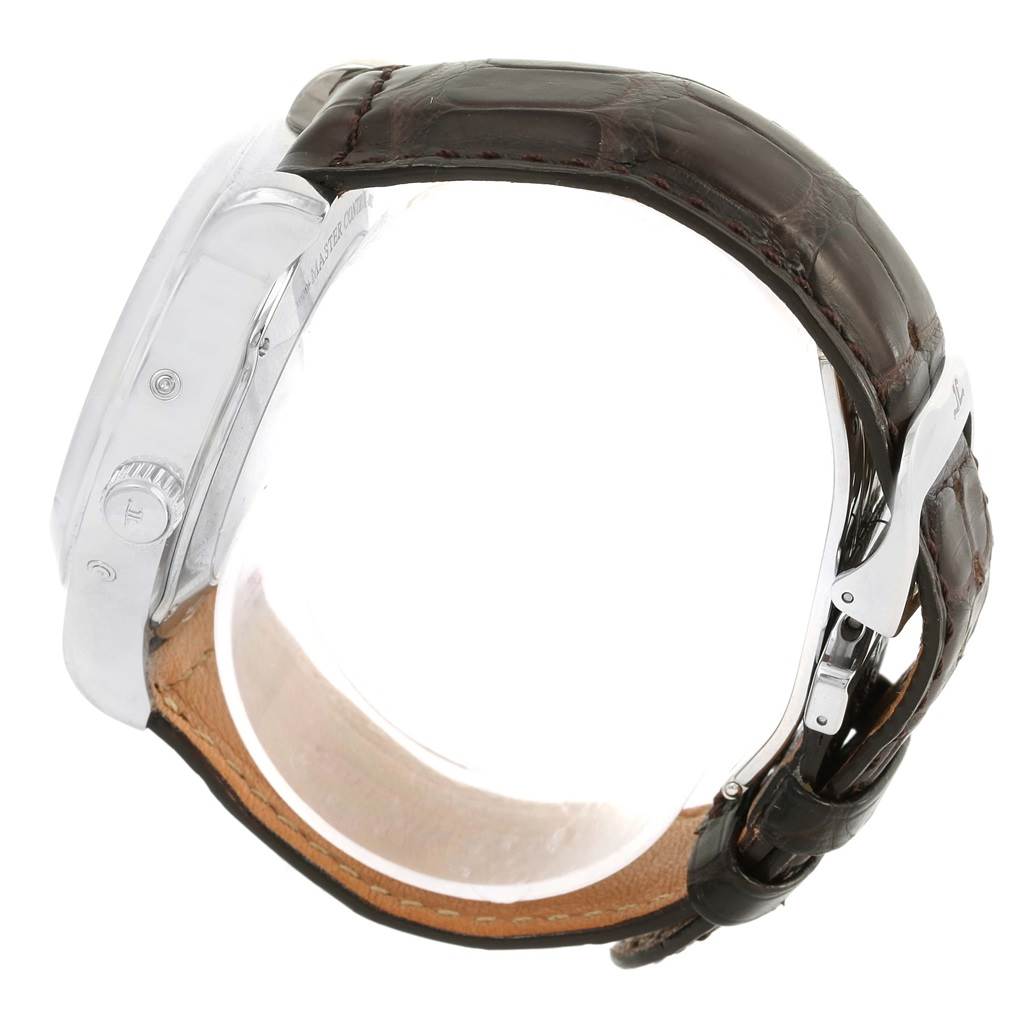 The image shows a side angle of a Jaeger LeCoultre Master 147.8.41.S Men's Stainless Steel Silver Dial 147.8.41.S Men's Stainless Steel Silver Dial watch, displaying the crown, case side, and dark leather strap.