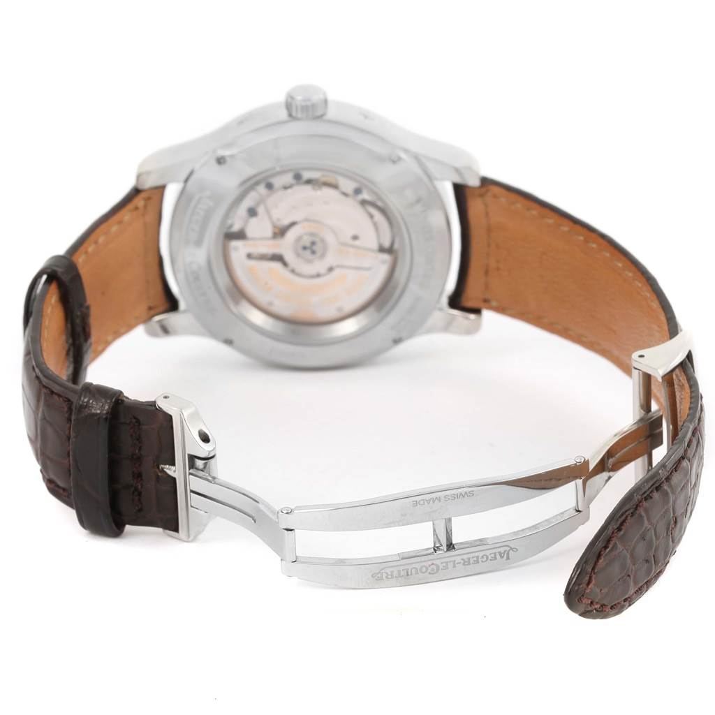 This image shows the back view of the Jaeger-LeCoultre Master model watch, highlighting its open case back and leather strap with clasp.