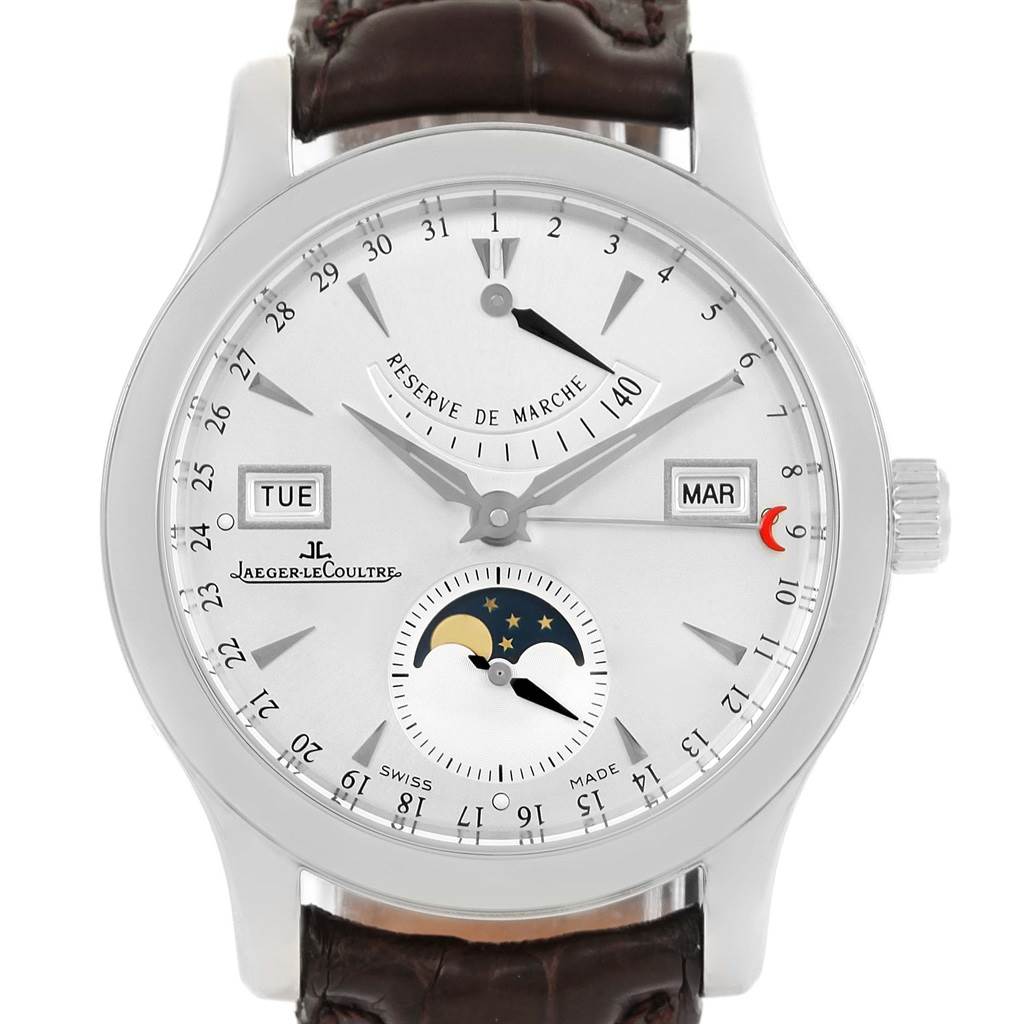 The image shows a front view of the Jaeger LeCoultre Master 147.8.41.S Men's Stainless Steel Silver Dial 147.8.41.S Men's Stainless Steel Silver Dial model watch, highlighting its dial, calendar, and moon phase complications.