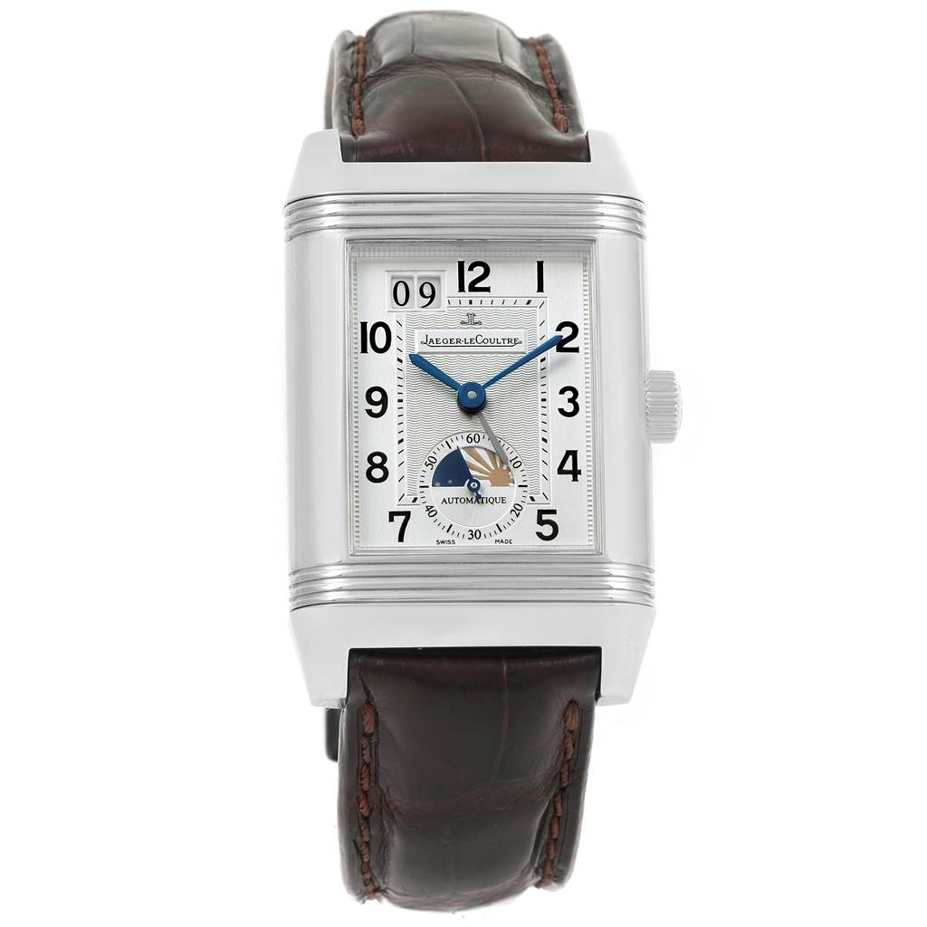 This image shows a front view of the Jaeger LeCoultre Reverso 240.8.72 Men's Stainless Steel Silver Dial 240.8.72 Men's Stainless Steel Silver Dial watch, highlighting its rectangular face, dial, and leather strap.