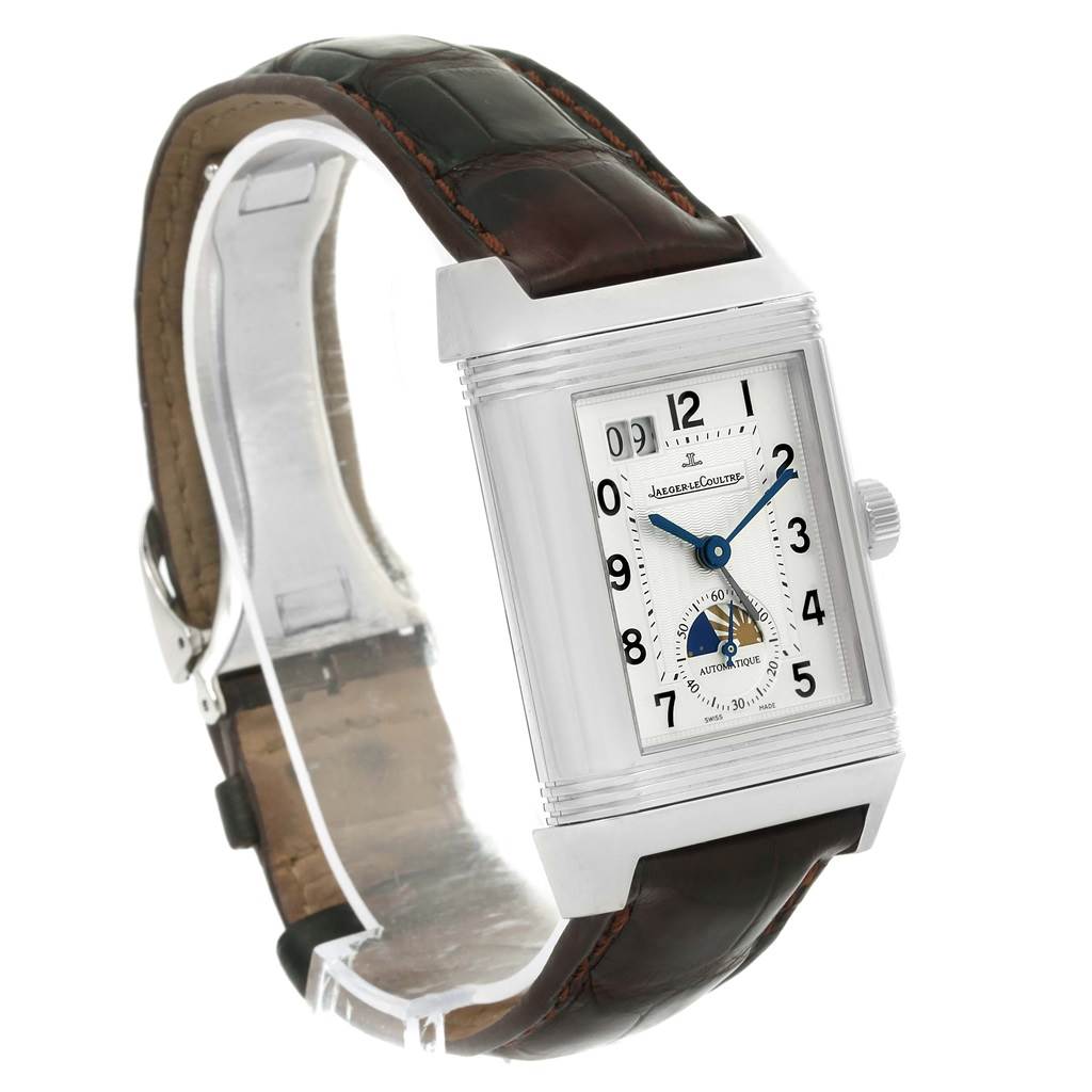 The image shows a Jaeger LeCoultre Reverso 240.8.72 Men's Stainless Steel Silver Dial 240.8.72 Men's Stainless Steel Silver Dial watch, angled to display its face and brown leather strap.