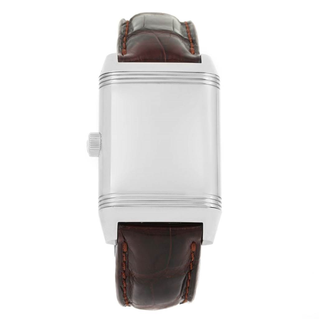 The image shows the front view of a Jaeger LeCoultre Reverso 240.8.72 Men's Stainless Steel Silver Dial 240.8.72 Men's Stainless Steel Silver Dial watch, highlighting its rectangular case and leather strap.