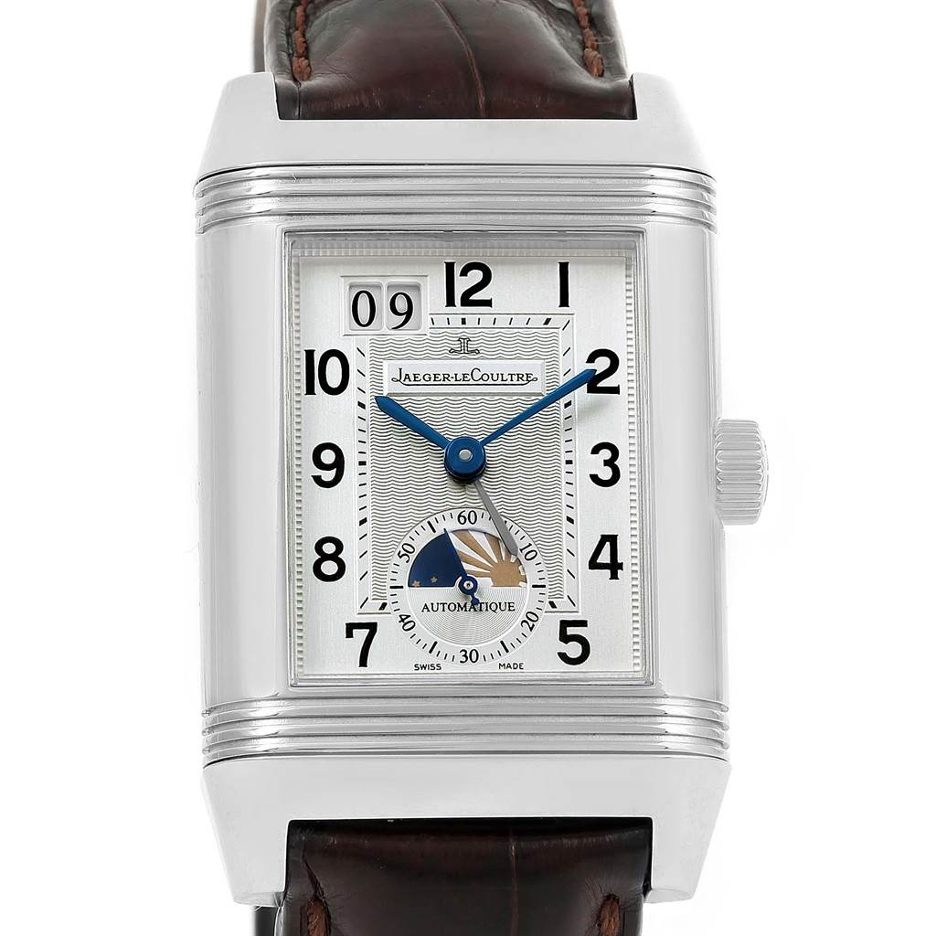 The Reverso Jaeger LeCoultre watch is shown from a front angle, highlighting its rectangular face, dial, and leather strap.