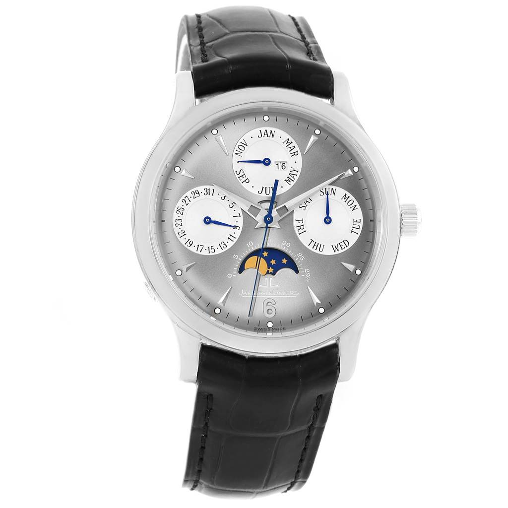 The image shows a frontal view of a Jaeger LeCoultre Master 140.3.80 Men's White Gold Grey Dial 140.3.80 Men's White Gold Grey Dial model watch displaying its dials, moon phase, and leather strap.